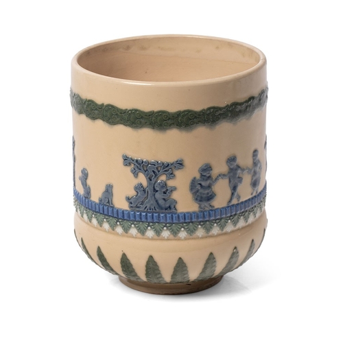 Doulton Lambeth jardiniere with classical scenes of children playing, impressed marks, dated 1883, 19cm tall.