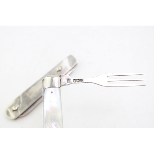 12 - A silver and mother of pearl travelling multi-tool pocket knife eating set, J Deakin and Sons, blade... 