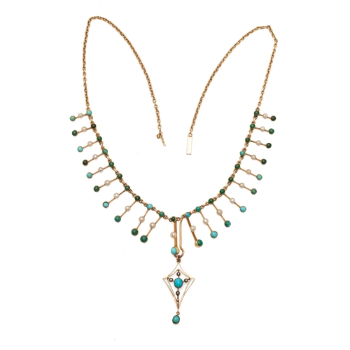 An Edwardian pearl and turquoise 14ct gold fringe necklace set with graduated perpendicular bars, each set with central pearl and stones to either end, complete with original quatrafoil pendant set with seed pearls and turquoise, 42cm long, unmarked but testing as 14ct gold, 16.2g.