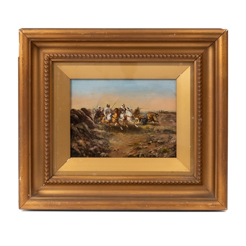 Eastern school, 19th century oil on board depicting North African horseman in battle scene or charge, in gilt frame 16cm x 12cm.