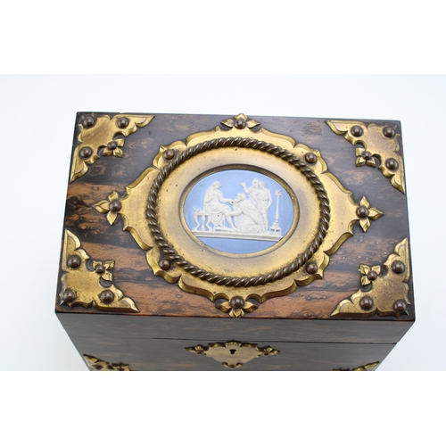 14 - A Victorian coromandel stationary box with Japerware insert to lid, with brass bound decoration, lat... 