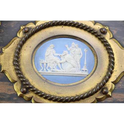 14 - A Victorian coromandel stationary box with Japerware insert to lid, with brass bound decoration, lat... 