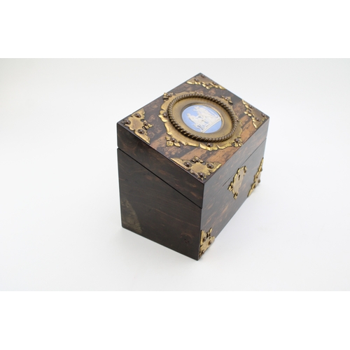 14 - A Victorian coromandel stationary box with Japerware insert to lid, with brass bound decoration, lat... 
