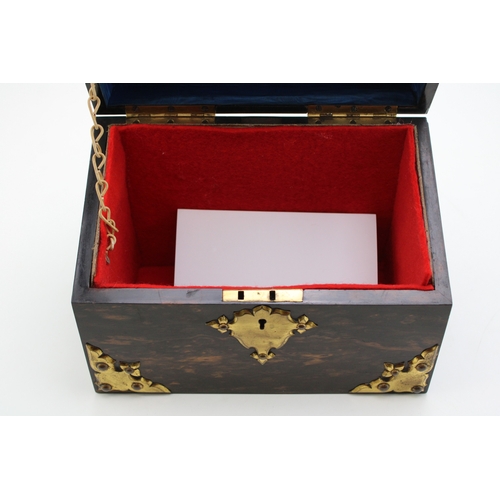 14 - A Victorian coromandel stationary box with Japerware insert to lid, with brass bound decoration, lat... 