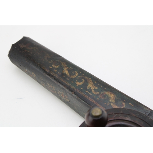 24 - A Georgian toleware mechanical fire bellows with turned handle, gilt-scrollwork on black background,... 