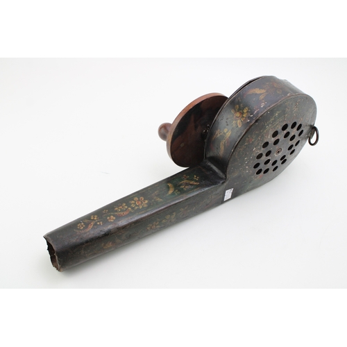 24 - A Georgian toleware mechanical fire bellows with turned handle, gilt-scrollwork on black background,... 