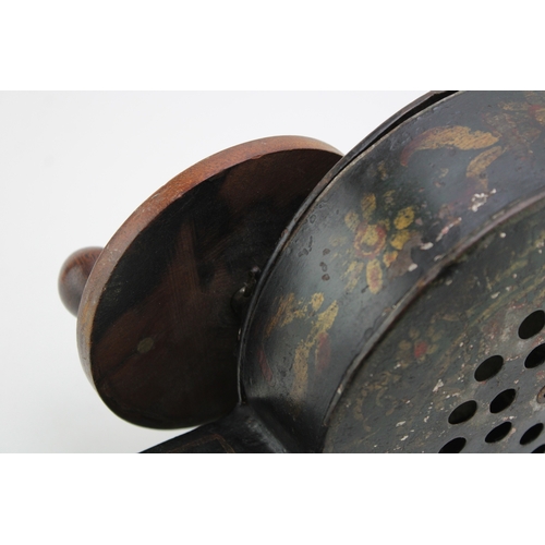 24 - A Georgian toleware mechanical fire bellows with turned handle, gilt-scrollwork on black background,... 