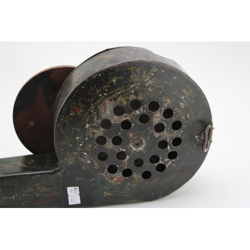 24 - A Georgian toleware mechanical fire bellows with turned handle, gilt-scrollwork on black background,... 