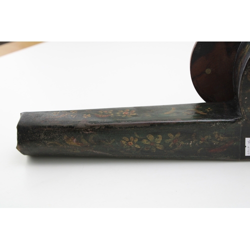 24 - A Georgian toleware mechanical fire bellows with turned handle, gilt-scrollwork on black background,... 