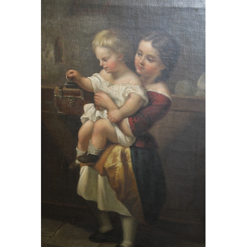 54 - A late Victorian oil painting of two children donating money in a church collection box, 39cm x 31cm... 
