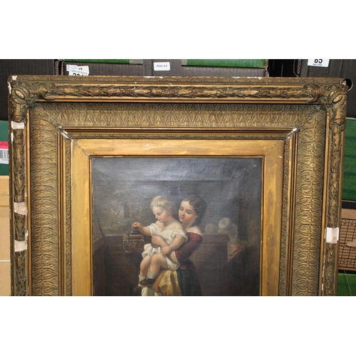 54 - A late Victorian oil painting of two children donating money in a church collection box, 39cm x 31cm... 
