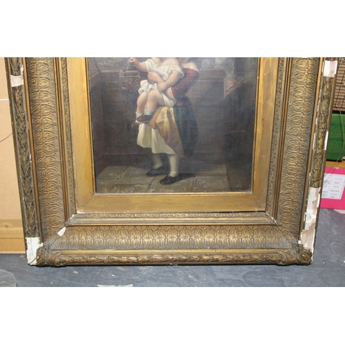 54 - A late Victorian oil painting of two children donating money in a church collection box, 39cm x 31cm... 