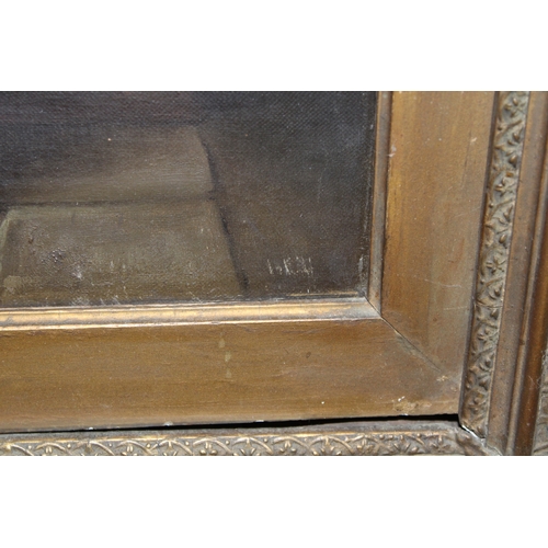 54 - A late Victorian oil painting of two children donating money in a church collection box, 39cm x 31cm... 