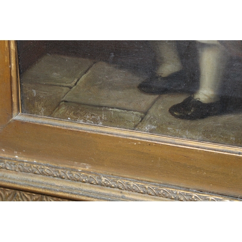54 - A late Victorian oil painting of two children donating money in a church collection box, 39cm x 31cm... 