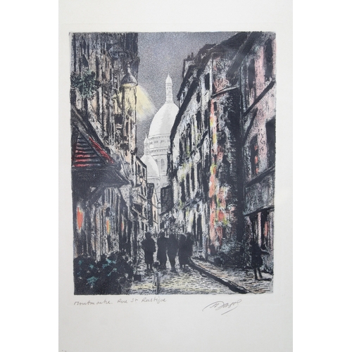 46 - Maurice Jacque 'Montmarte' Rue St. Rustique, hand-tinted etching, signed in gilt frame, 27cm x 37cm.