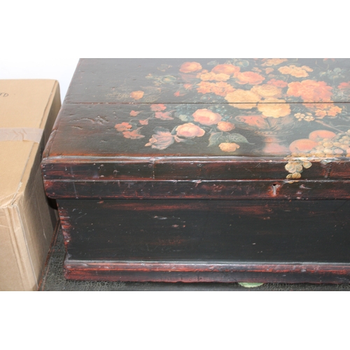 52 - An early to mid 20th century pine blanket box with later applied decoration, 87x45x33cm tall, hinged... 