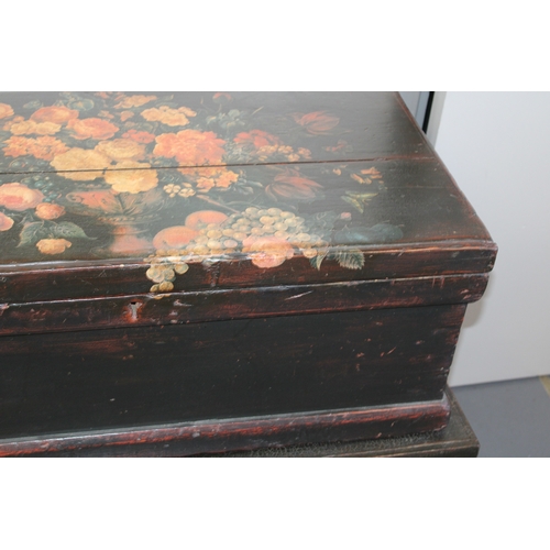 52 - An early to mid 20th century pine blanket box with later applied decoration, 87x45x33cm tall, hinged... 