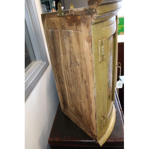 53 - A mid 20th century pine bow-fronted corner cupboard with later applied painted decoration shabby chi... 