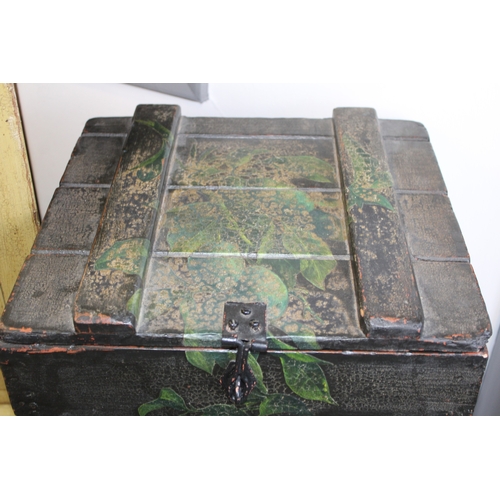 54 - An early to mid 20th century pine box with later applied decoration, 39x36x31cm tall, with hinged li... 