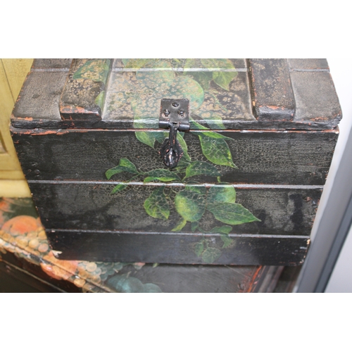 54 - An early to mid 20th century pine box with later applied decoration, 39x36x31cm tall, with hinged li... 