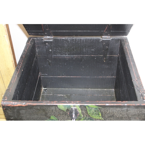 54 - An early to mid 20th century pine box with later applied decoration, 39x36x31cm tall, with hinged li... 