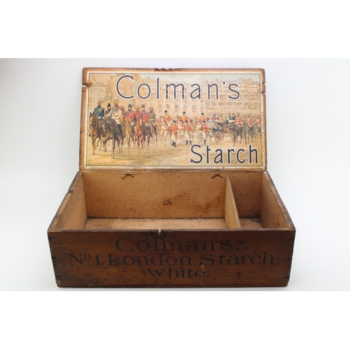 21 - Colman's advertising retail pine box, Colman's No. 1, London Starch, white to front panel, Colman's ... 
