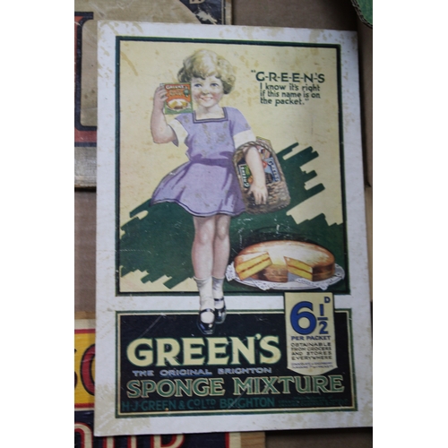 39 - Advertising shop cards for 'Eucryl', 'Greens' Sponge mixture, crate end with 'Brown & Polson's' Corn... 