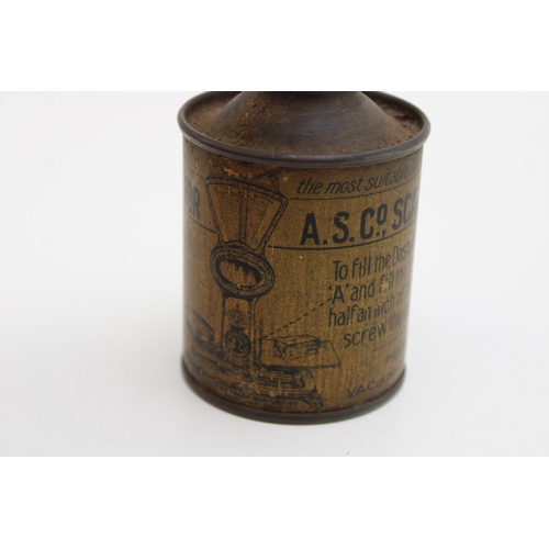 49 - Special Oil can for A.S.Co, Scales, with pouring spout, pictorial image of scales on olive green gro... 