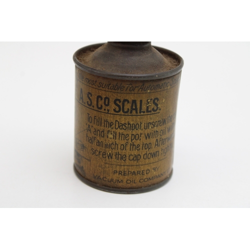 49 - Special Oil can for A.S.Co, Scales, with pouring spout, pictorial image of scales on olive green gro... 