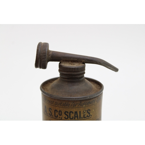 49 - Special Oil can for A.S.Co, Scales, with pouring spout, pictorial image of scales on olive green gro... 
