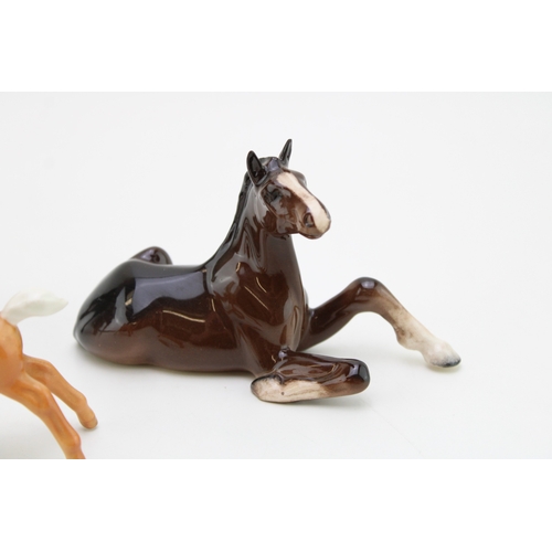 16 - Beswick to include a brown lying shire foal, a head up pony and a palomino foal (3).