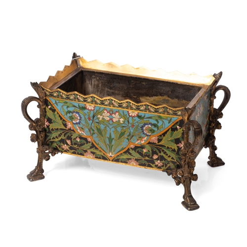 3 - An Elkington & Co cloisonne enamel planter with metal liner, raised on four feet with floral decorat... 