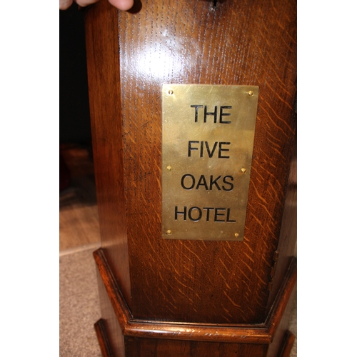 1 - An early 20th century oak country house postbox or letterbox, with later applied brass plaque, hexag... 