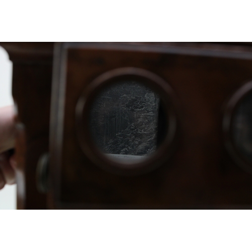 2 - A quality Victorian burr walnut stereoscope viewer with views of Scotland & Rome, 26x27x43cm tall.