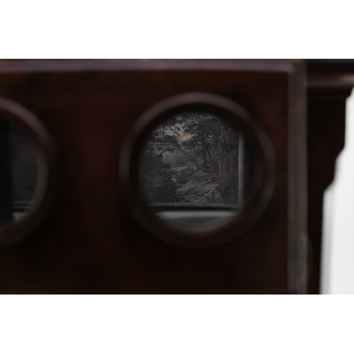 2 - A quality Victorian burr walnut stereoscope viewer with views of Scotland & Rome, 26x27x43cm tall.