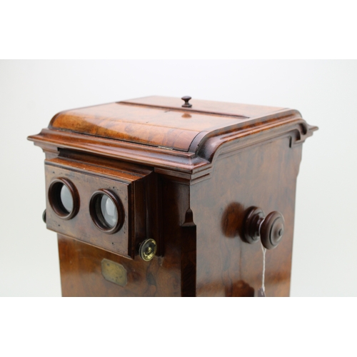 2 - A quality Victorian burr walnut stereoscope viewer with views of Scotland & Rome, 26x27x43cm tall.