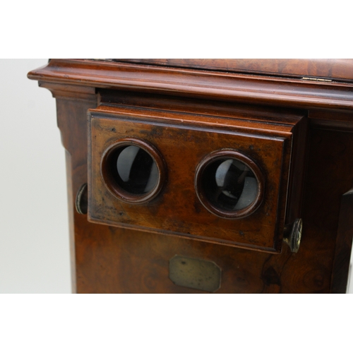2 - A quality Victorian burr walnut stereoscope viewer with views of Scotland & Rome, 26x27x43cm tall.
