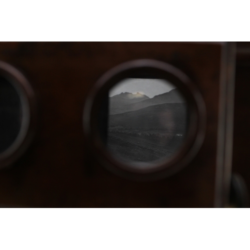 2 - A quality Victorian burr walnut stereoscope viewer with views of Scotland & Rome, 26x27x43cm tall.