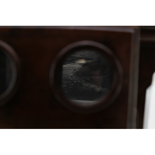 2 - A quality Victorian burr walnut stereoscope viewer with views of Scotland & Rome, 26x27x43cm tall.