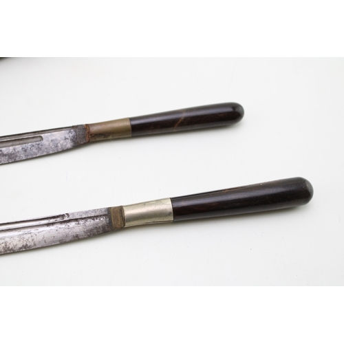 28 - A pair of horn or bone handled eating knives in a leather scabbard.