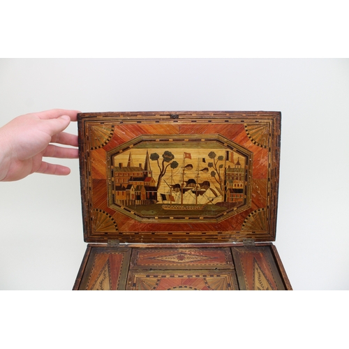 39 - A Napoleonic Prisoner of War jewellery box, with fully illustrated outer, the lid depicting a port t... 