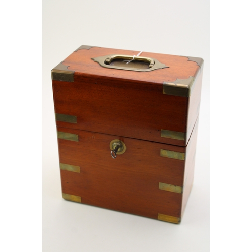 45 - A Victorian oak decanter box with brass banding, containing two cut glass decanter bottles, purple l... 