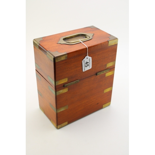 45 - A Victorian oak decanter box with brass banding, containing two cut glass decanter bottles, purple l... 