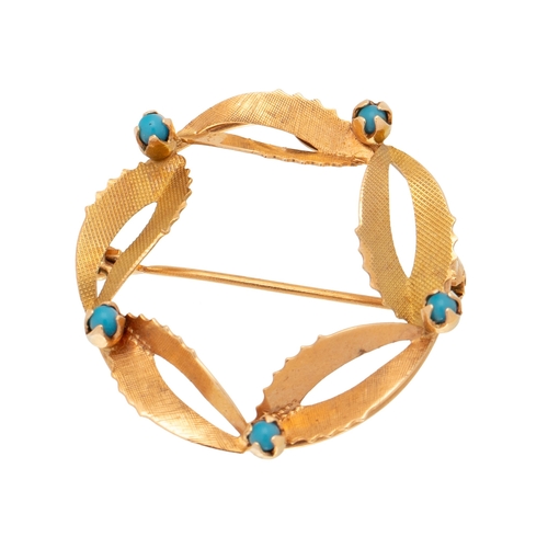 An 18ct gold brooch of textured leaf form set with five small turquoise, 3cm diameter, total weight including pin 4.3g.