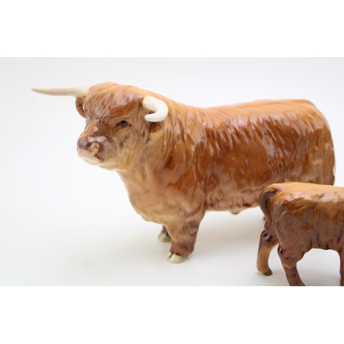 314 - A Beswick Highland Cattle family to include a bull, a cow (horn af) and calf (3).