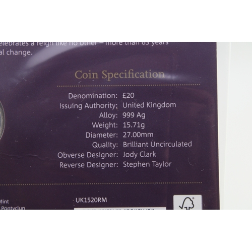 44 - The Royal Mint: Two £20 fine silver coins to include The Longest Reigning Monarch, dated 2015, two o... 