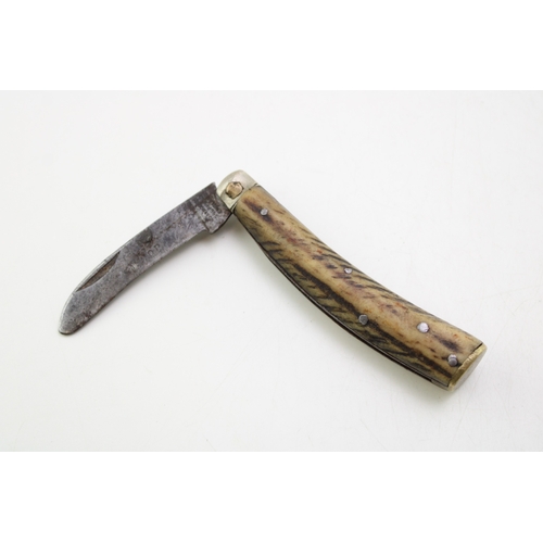 10 - W Saynor flat cap pruner pocket knife with stag handles and brass end cap, blade 5.5cm long, 16cm in... 