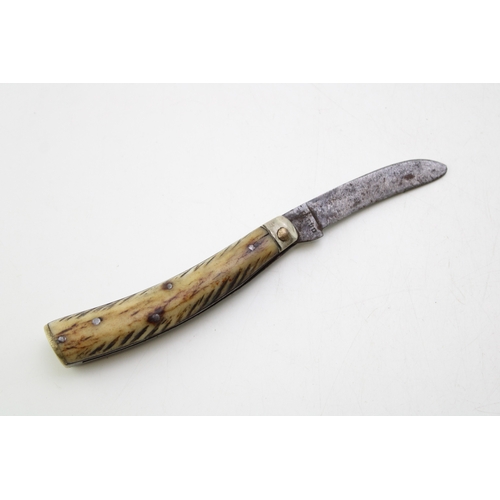 10 - W Saynor flat cap pruner pocket knife with stag handles and brass end cap, blade 5.5cm long, 16cm in... 
