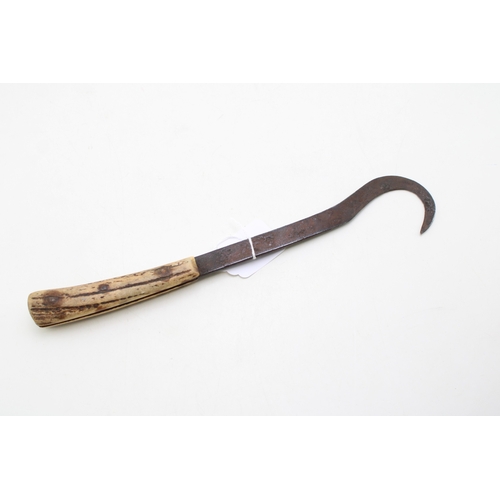 34 - A scarce Sheffield made pruning hook / raspberry cane cutter with stag antler handle, with indistinc... 