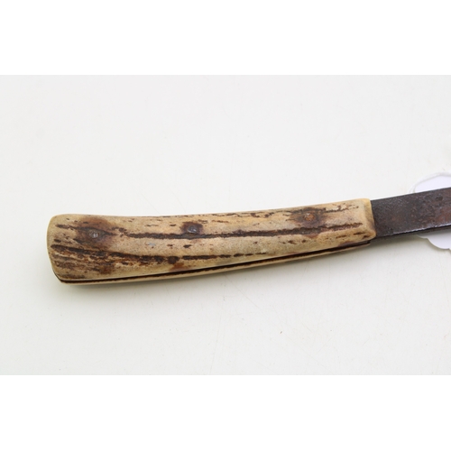 34 - A scarce Sheffield made pruning hook / raspberry cane cutter with stag antler handle, with indistinc... 